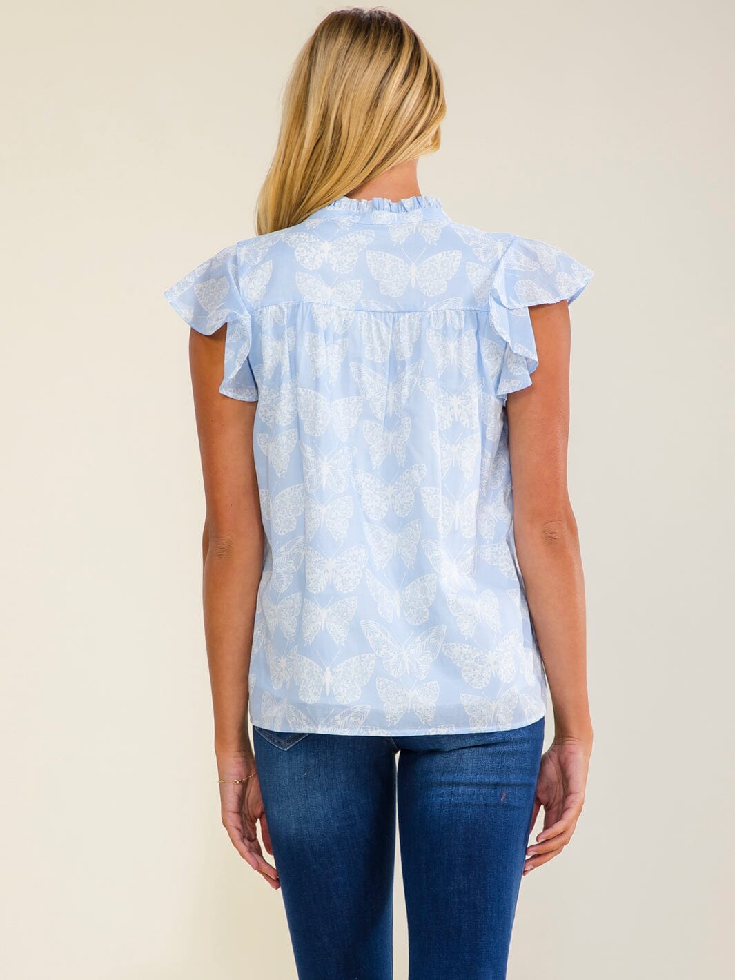 WOMEN'S RUFFLE SLEEVE V-NECK BUTTEFLY PRINT BLOUSE