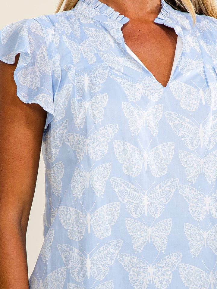 WOMEN'S RUFFLE SLEEVE V-NECK BUTTEFLY PRINT BLOUSE