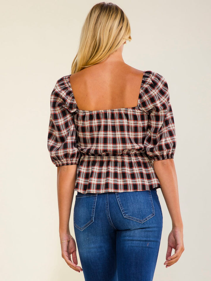 WOMEN'S SHORT SLEEVE V-NECK ELASTIC WAIST PLAID BLOUSE