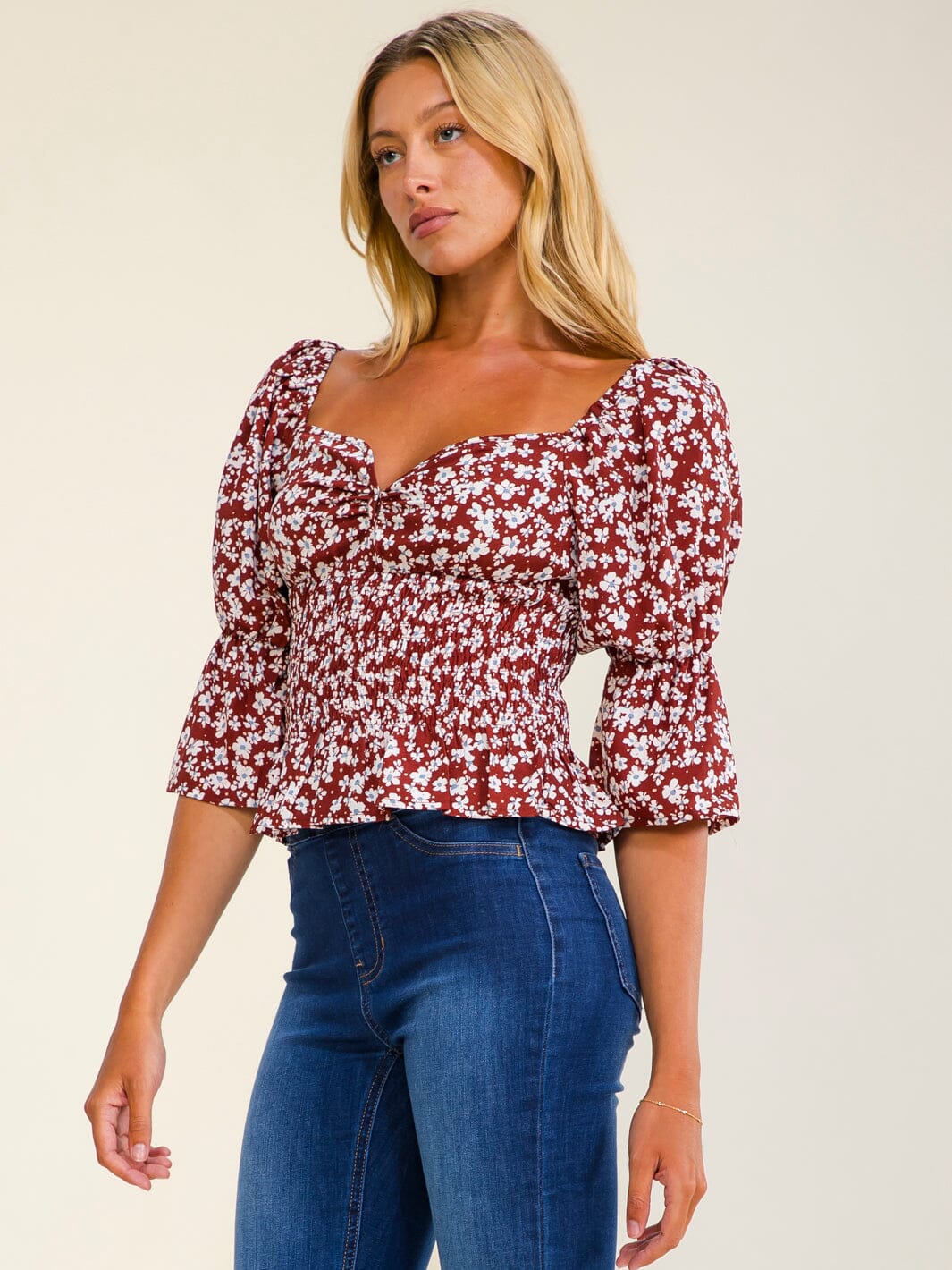 WOMEN'S 3/4 SLEEVE V-NECK SMOCK FLORAL BLOUSE