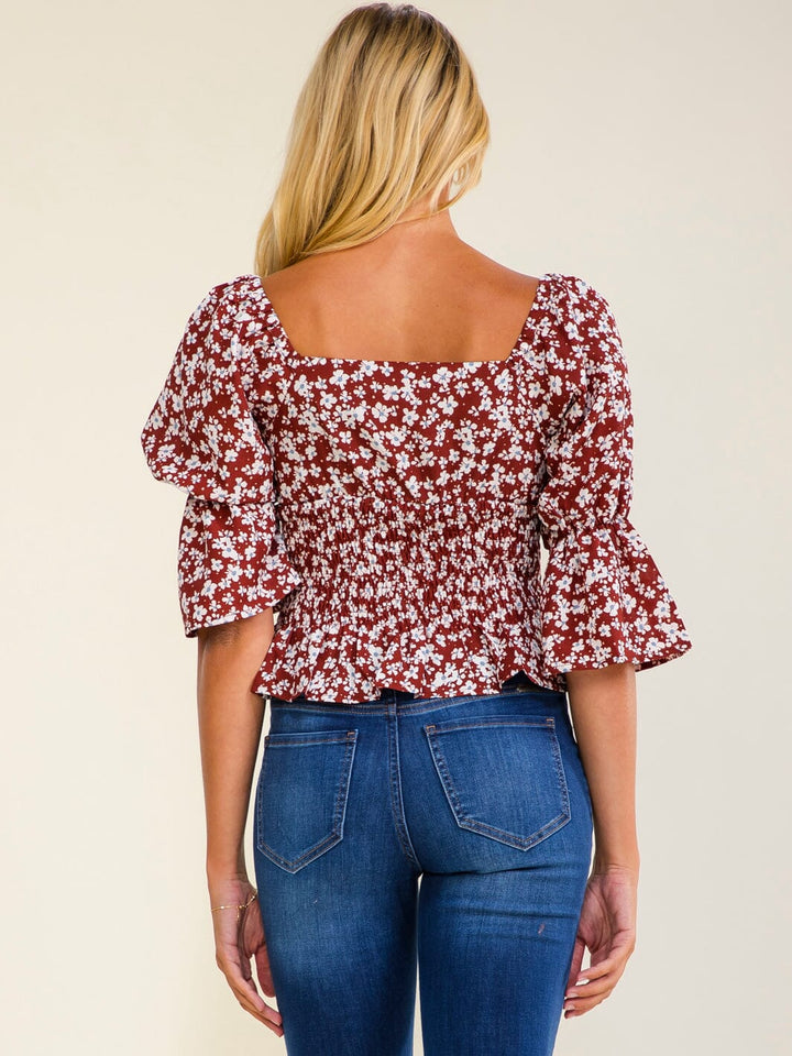 WOMEN'S 3/4 SLEEVE V-NECK SMOCK FLORAL BLOUSE
