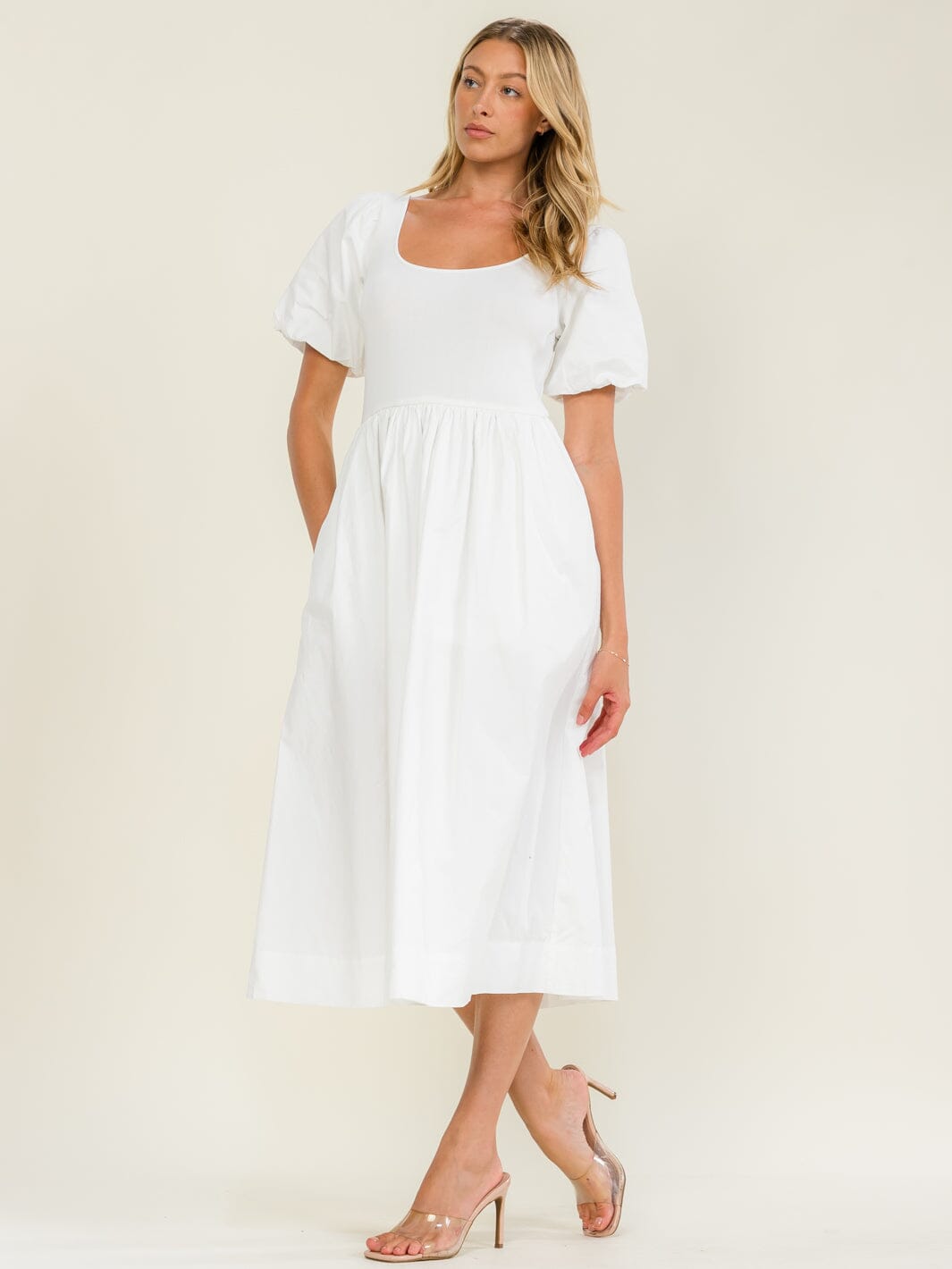 WOMEN'S SHORT SLEEVE FRONT POCKETS CONTRAST MIDI DRESS