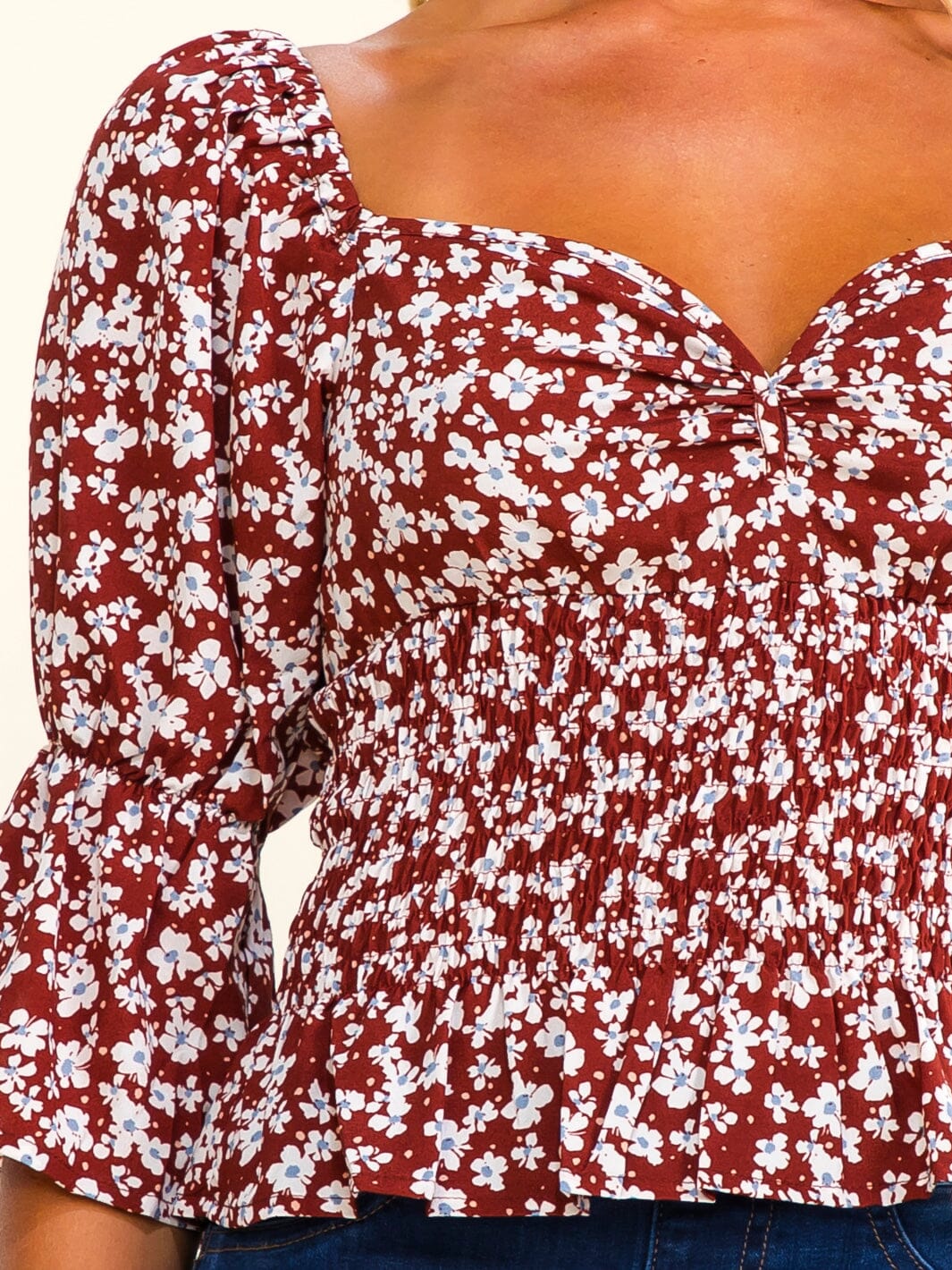 WOMEN'S 3/4 SLEEVE V-NECK SMOCK FLORAL BLOUSE
