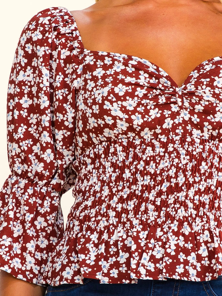 WOMEN'S 3/4 SLEEVE V-NECK SMOCK FLORAL BLOUSE