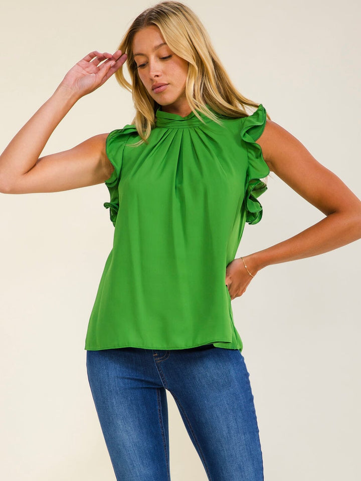 WOMEN'S RUFFLE SLEEVELESS MOCK NECK BLOUSE