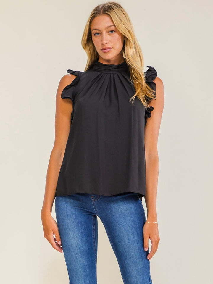 WOMEN'S RUFFLE SLEEVELESS MOCK NECK BLOUSE