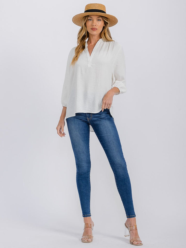 WOMEN'S 3/4 SLEEVE V-NECK HIGH-LOW BLOUSE