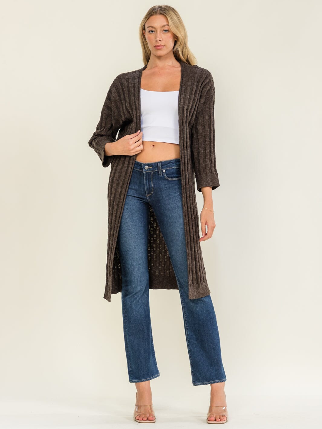 WOMEN'S LONG SLEEVE OPEN FRONT RIBBED CARDIGAN