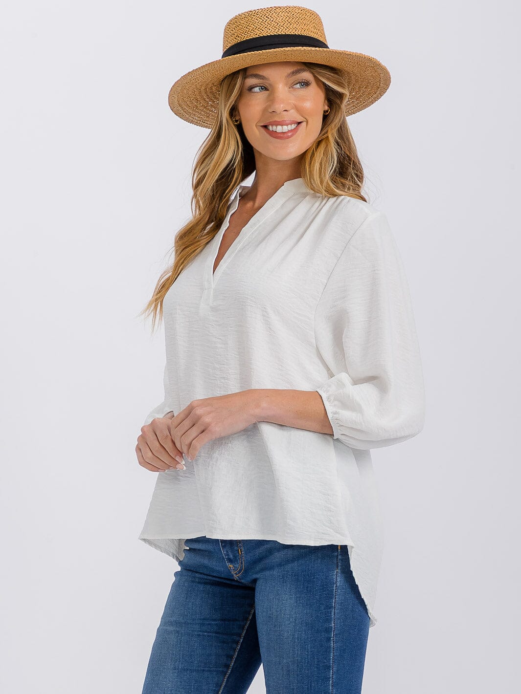 WOMEN'S 3/4 SLEEVE V-NECK HIGH-LOW BLOUSE