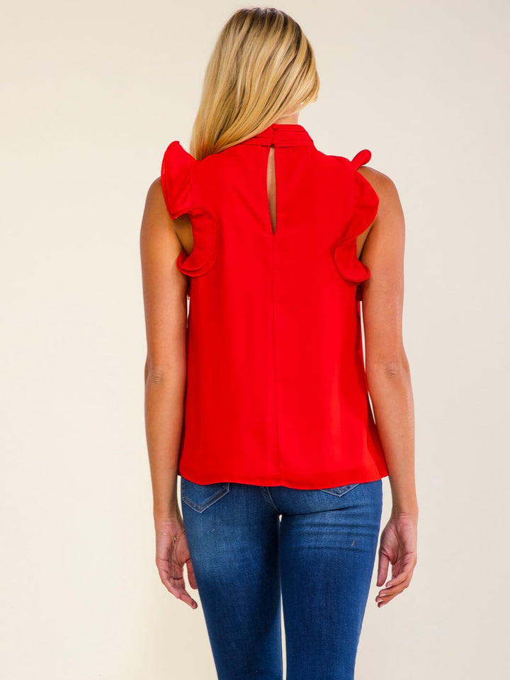 WOMEN'S RUFFLE SLEEVELESS MOCK NECK BLOUSE
