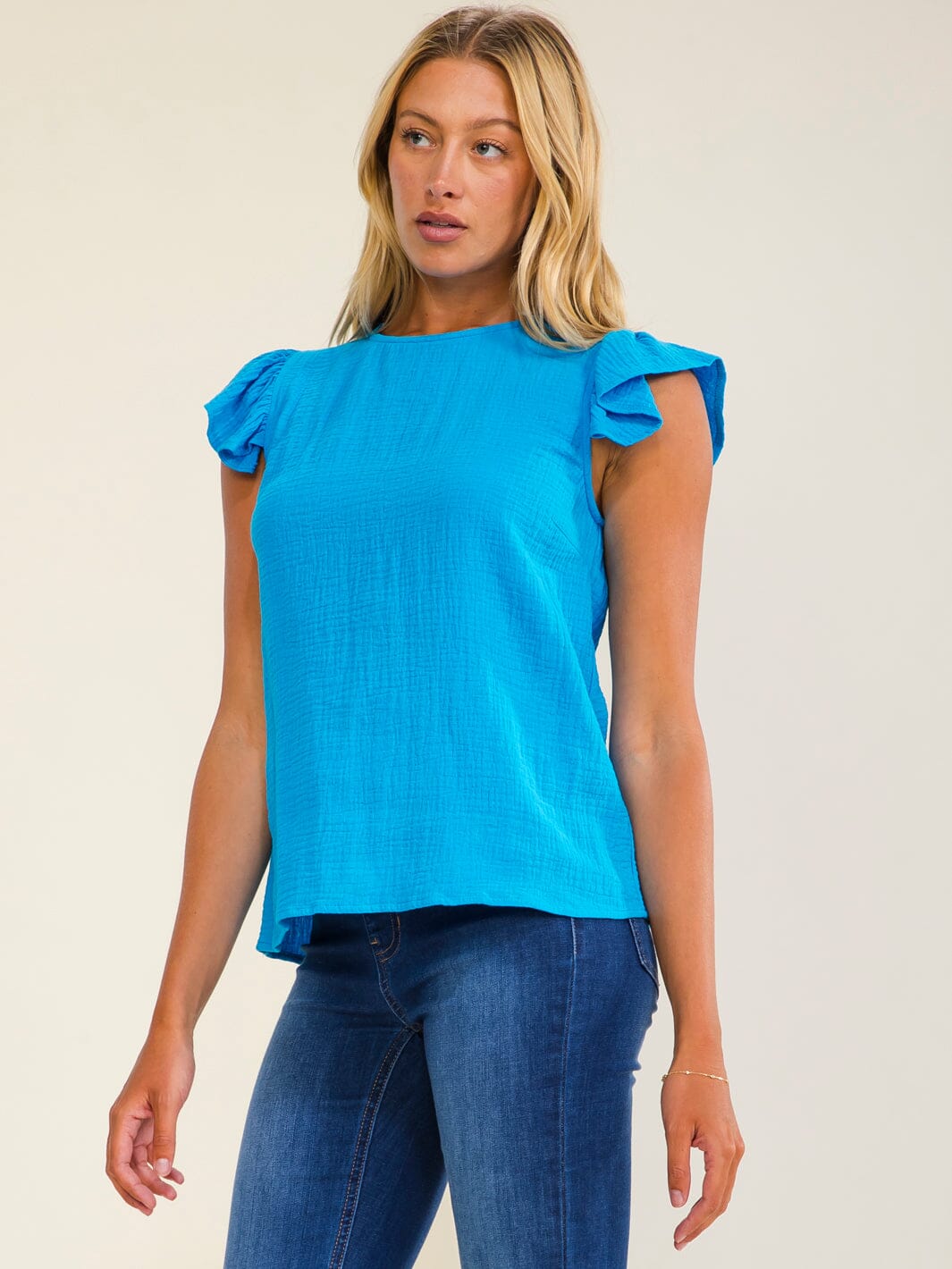 WOMEN'S RUFFLE SLEEVE SOLID BLOUSE