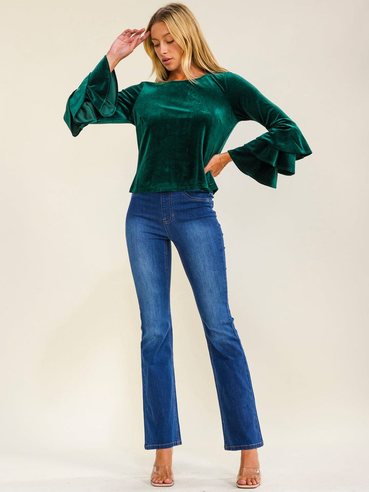 WOMEN'S LONG RUFFLE SLEEVE VELVET BLOUSE