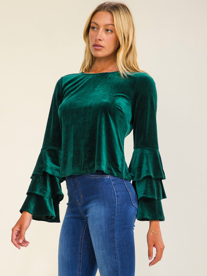 WOMEN'S LONG RUFFLE SLEEVE VELVET BLOUSE