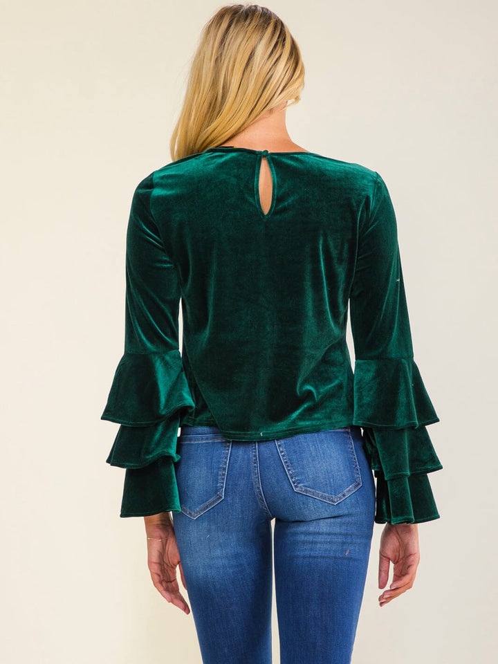 WOMEN'S LONG RUFFLE SLEEVE VELVET BLOUSE