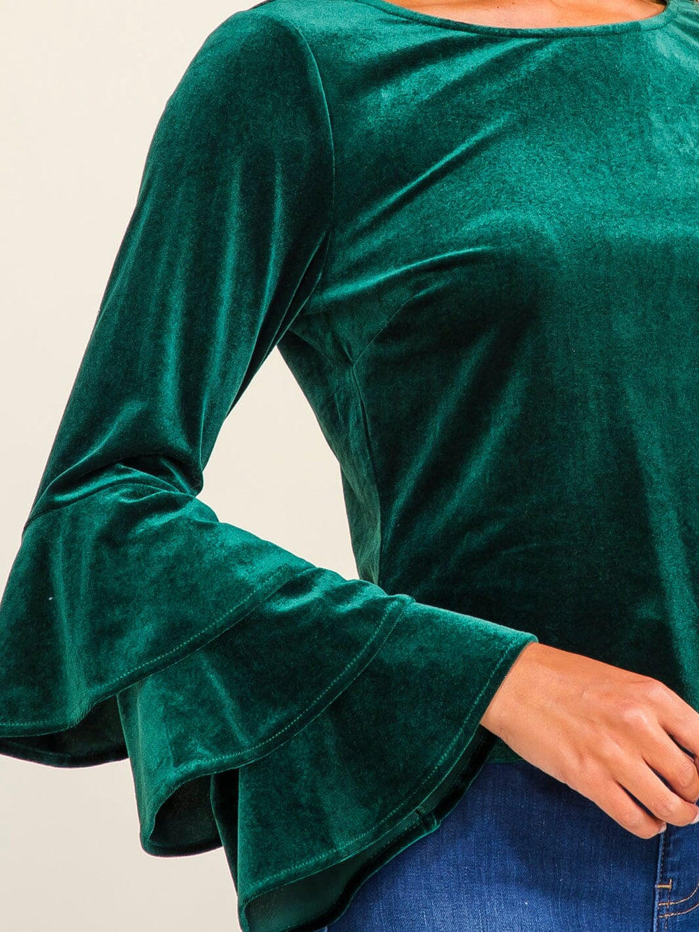 WOMEN'S LONG RUFFLE SLEEVE VELVET BLOUSE
