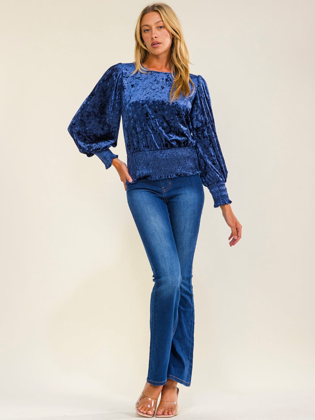 WOMEN'S LONG SLEEVE SMOCK WAIST VELVET BLOUSE
