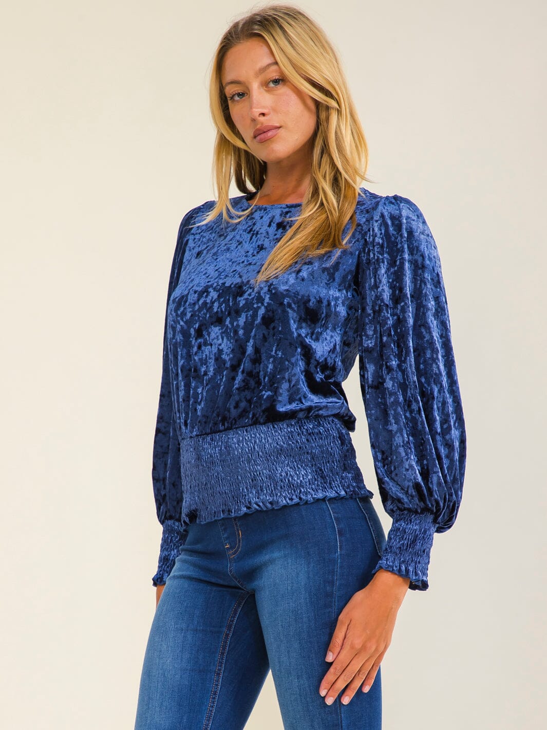 WOMEN'S LONG SLEEVE SMOCK WAIST VELVET BLOUSE