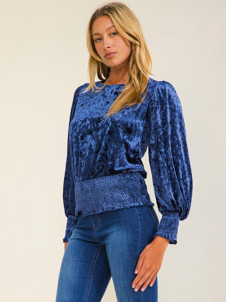 WOMEN'S LONG SLEEVE SMOCK WAIST VELVET BLOUSE