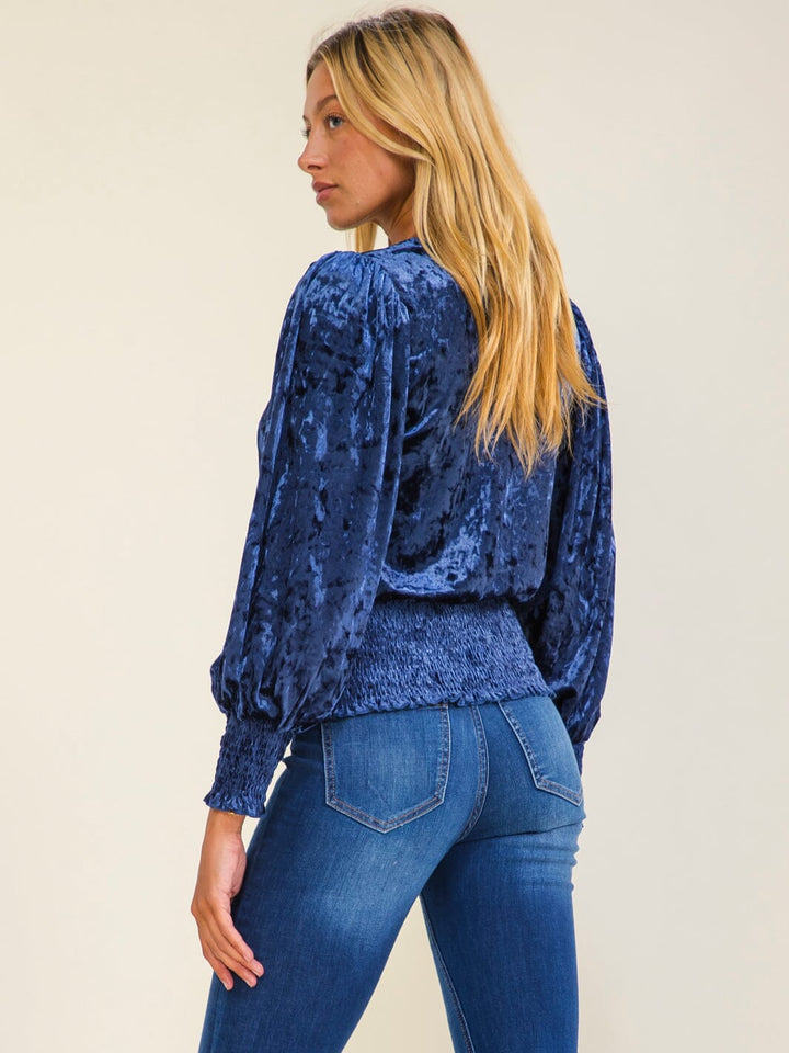 WOMEN'S LONG SLEEVE SMOCK WAIST VELVET BLOUSE