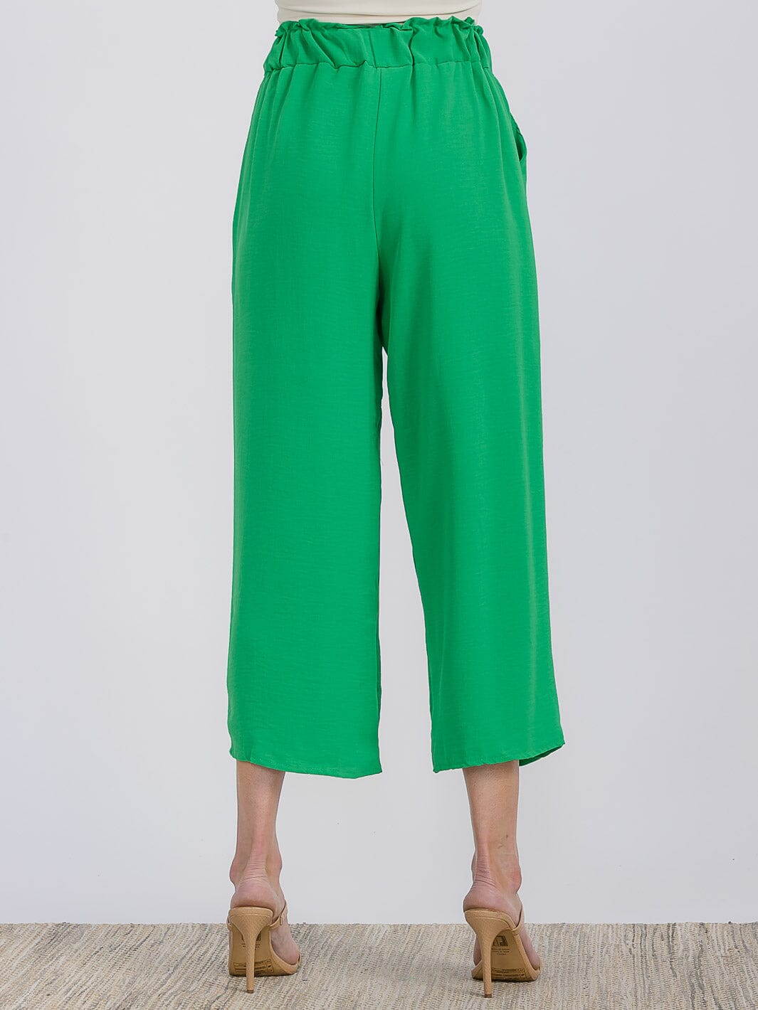 WOMEN'S ELASTIC WAIST FRONT POCKETS WIDE LEG CAPRI PANTS