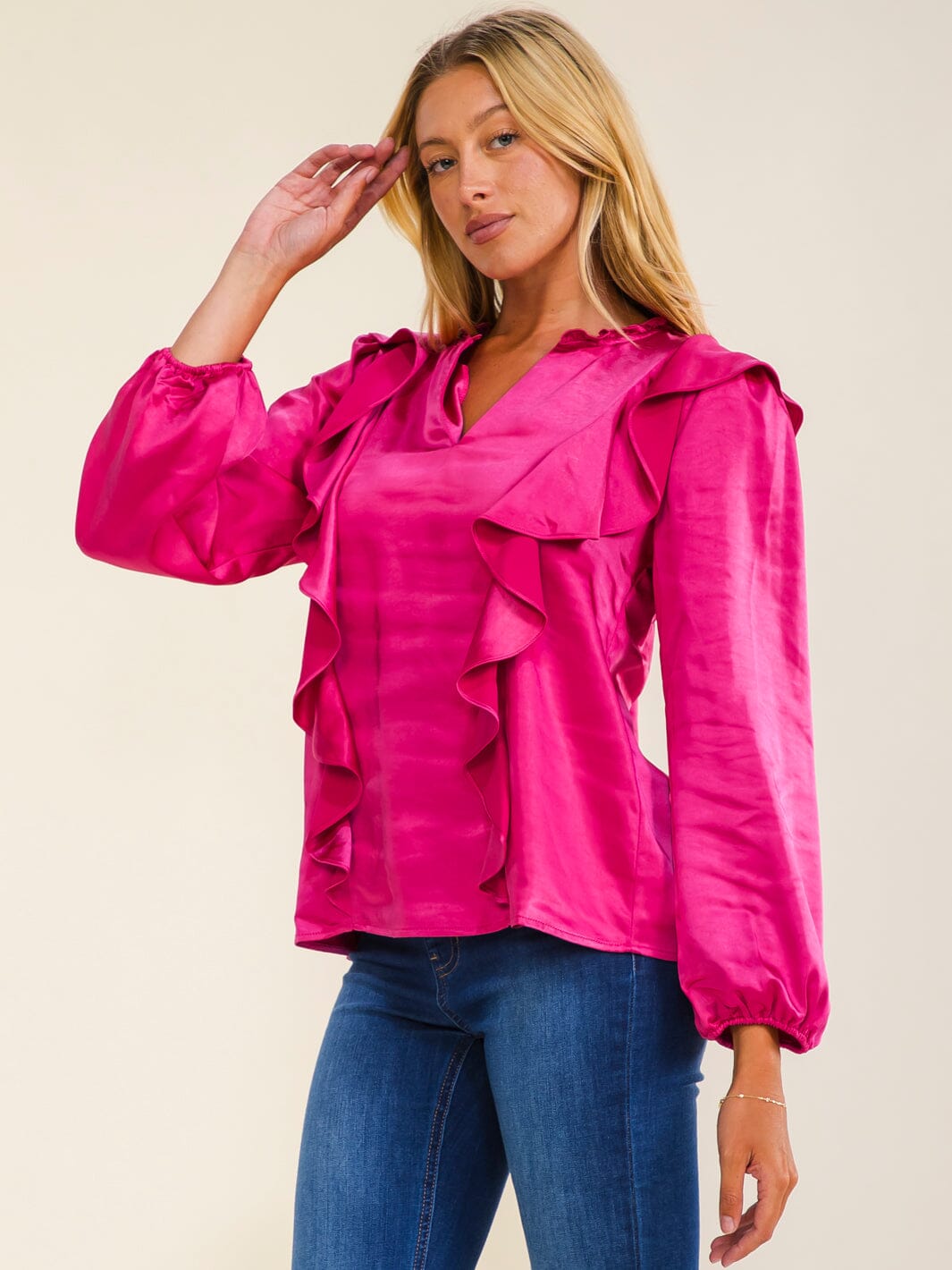 WOMEN'S LONG SLEEVE V-NECK RUFFLE BLOUSE