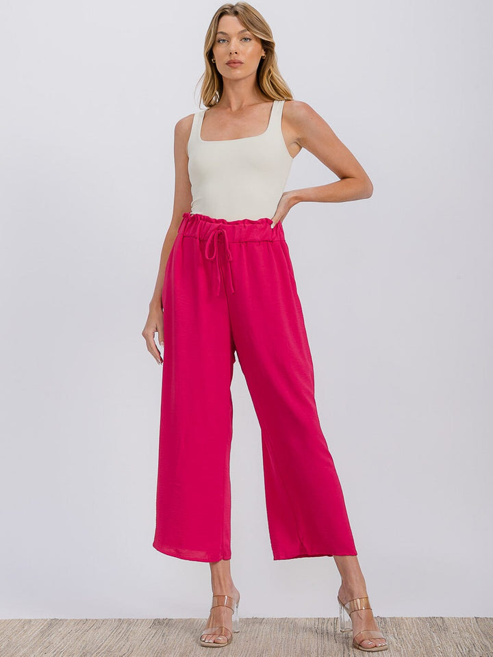 WOMEN'S ELASTIC WAIST FRONT POCKETS WIDE LEG CAPRI PANTS