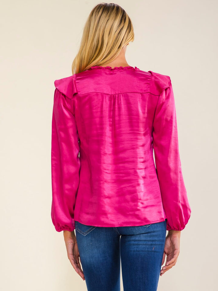 WOMEN'S LONG SLEEVE V-NECK RUFFLE BLOUSE