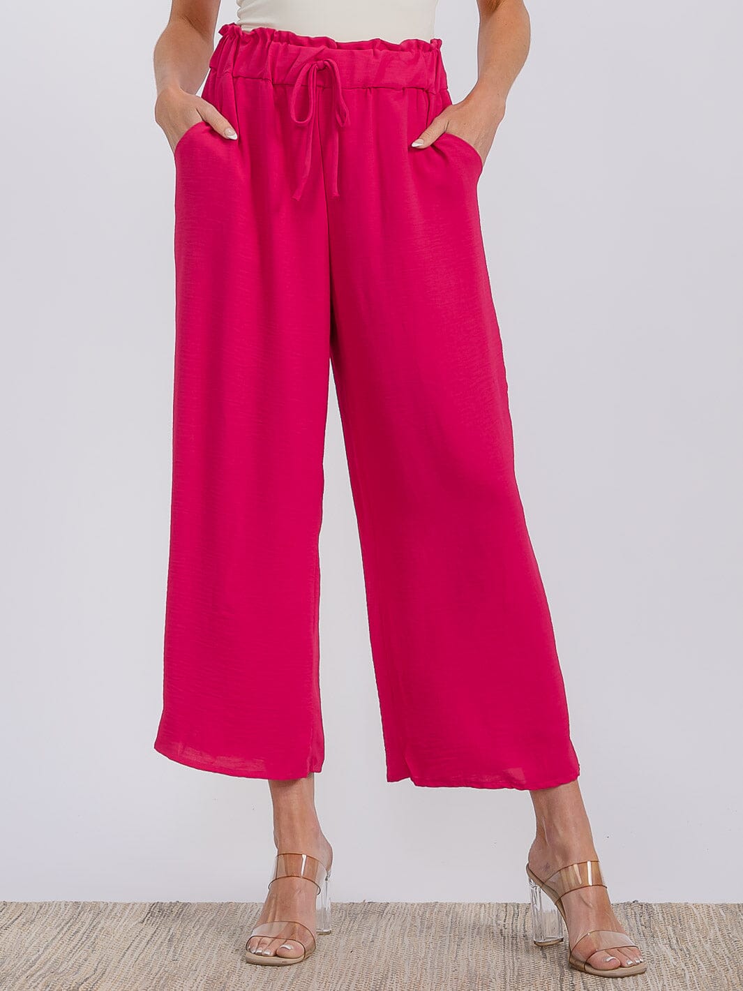WOMEN'S ELASTIC WAIST FRONT POCKETS WIDE LEG CAPRI PANTS