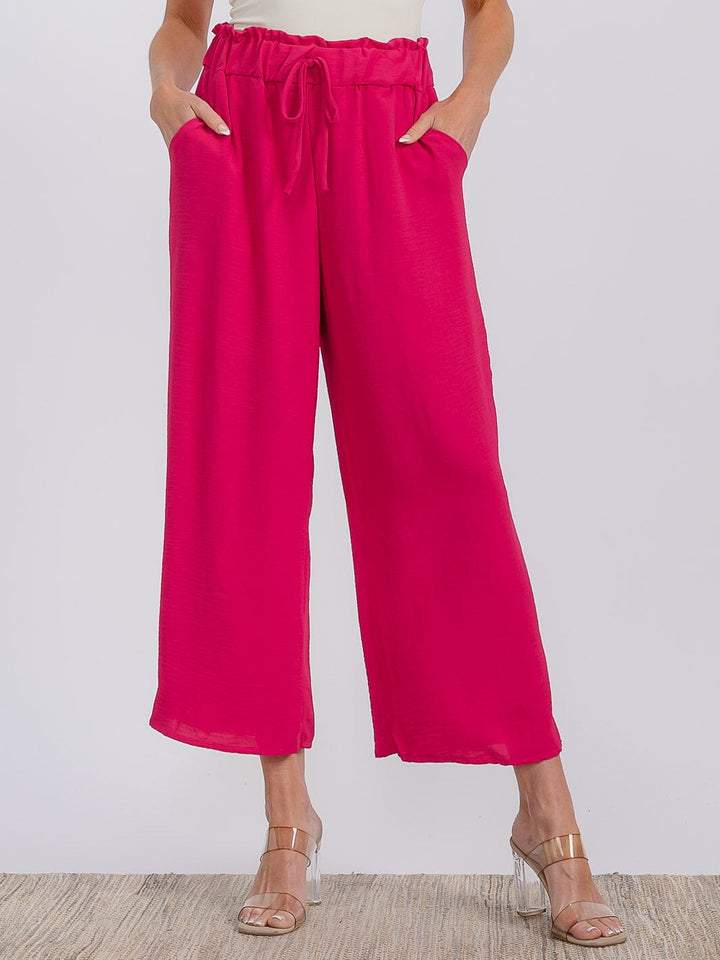 WOMEN'S ELASTIC WAIST FRONT POCKETS WIDE LEG CAPRI PANTS