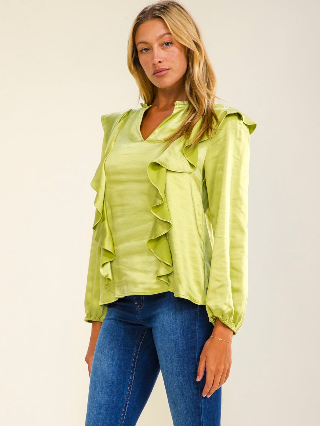 WOMEN'S LONG SLEEVE V-NECK RUFFLE BLOUSE