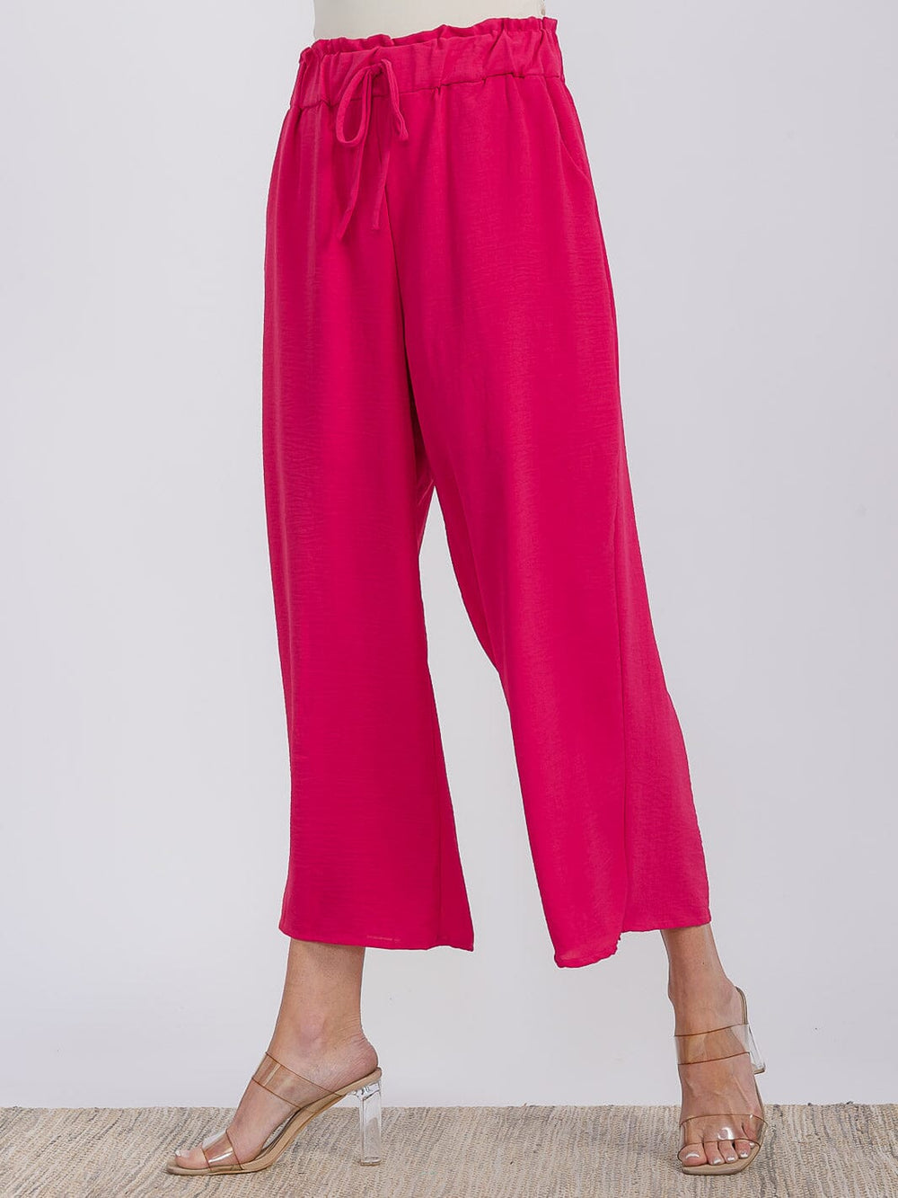 WOMEN'S ELASTIC WAIST FRONT POCKETS WIDE LEG CAPRI PANTS