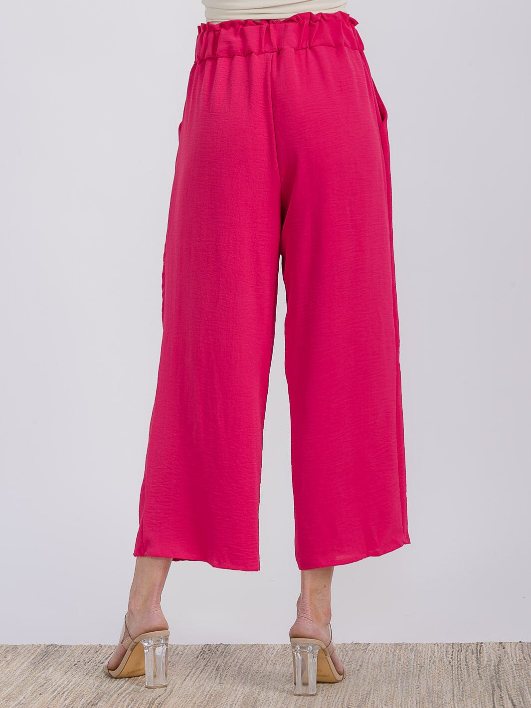 WOMEN'S ELASTIC WAIST FRONT POCKETS WIDE LEG CAPRI PANTS