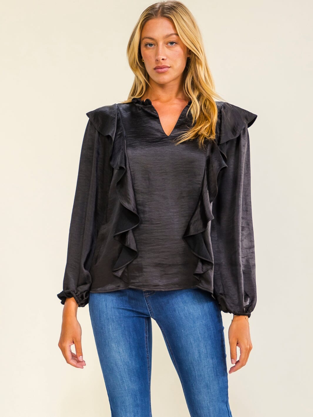 WOMEN'S LONG SLEEVE V-NECK RUFFLE BLOUSE