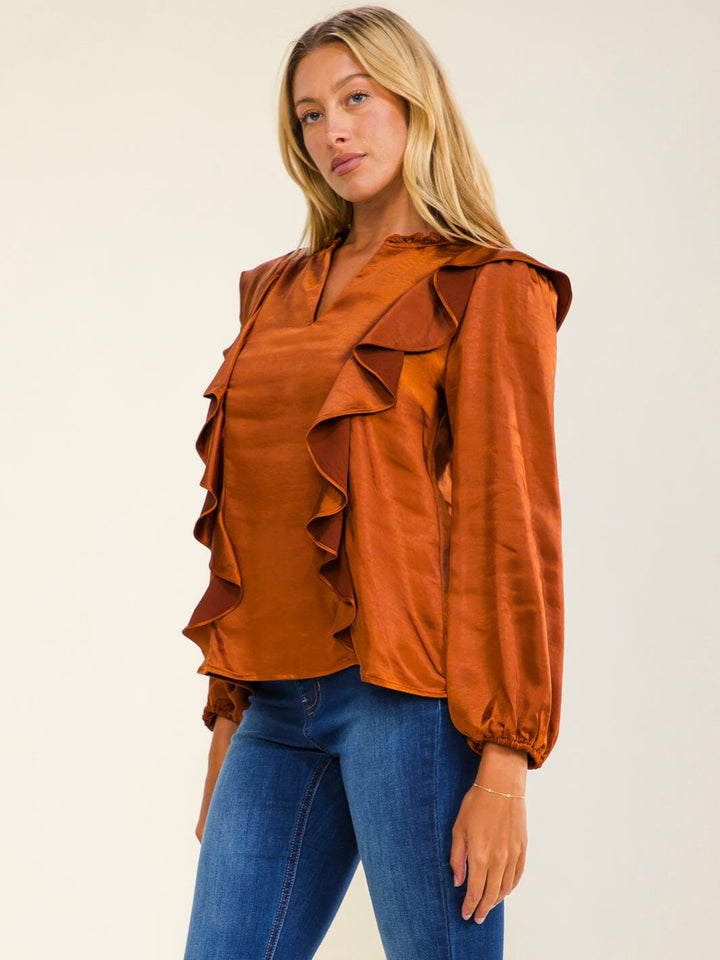 WOMEN'S LONG SLEEVE V-NECK RUFFLE BLOUSE