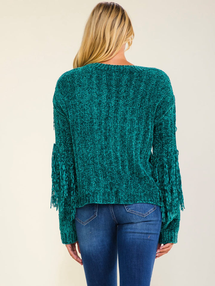 WOMEN'S LONG SLEEVE V-NECK FRINGE PULLOVER SWEATER