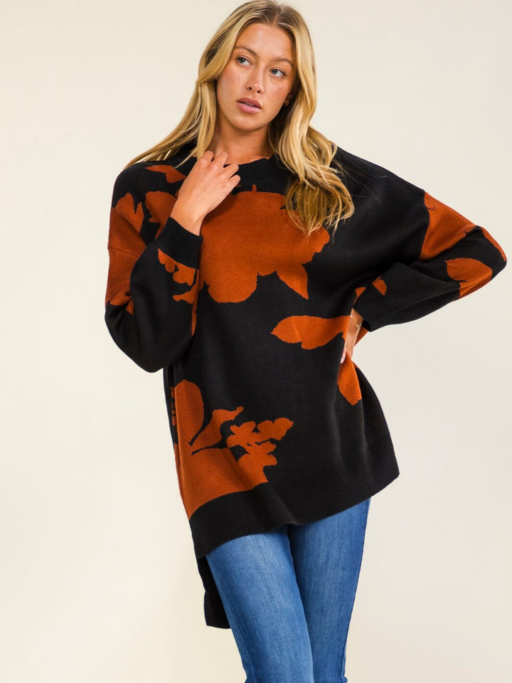 WOMEN'S LONG SLEEVE HIGH-LOW OVERSIZED FLORAL PULLOVER SWEATER