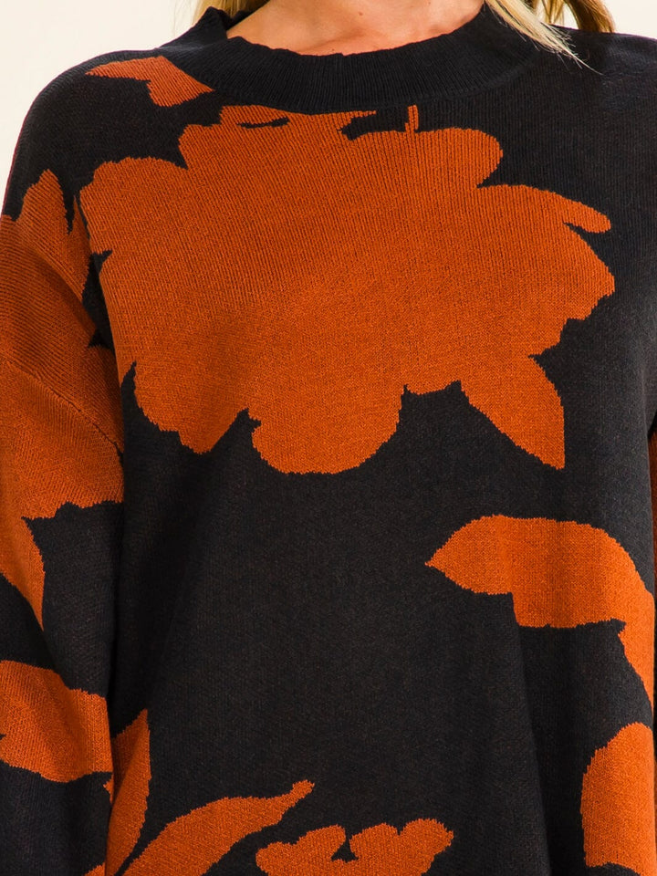 WOMEN'S LONG SLEEVE HIGH-LOW OVERSIZED FLORAL PULLOVER SWEATER