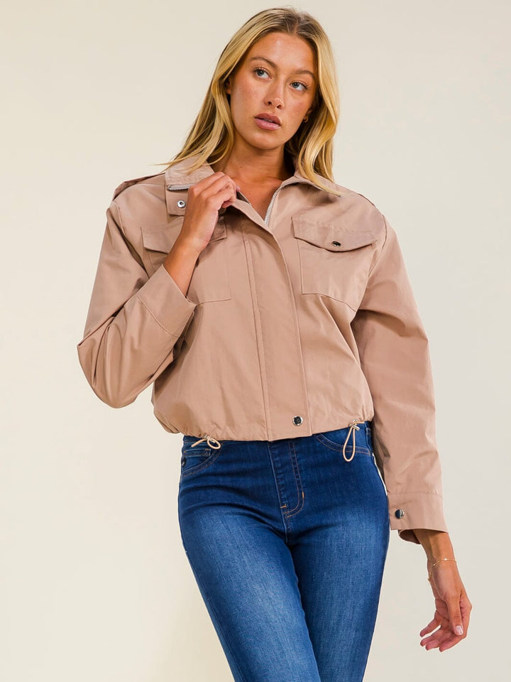 WOMEN'S LONG SLEEVE BUTTON UP FRONT POCKETS ADJUSTABLE WAIST JACKET