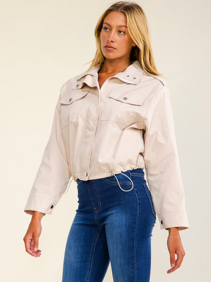 WOMEN'S LONG SLEEVE BUTTON UP FRONT POCKETS ADJUSTABLE WAIST JACKET