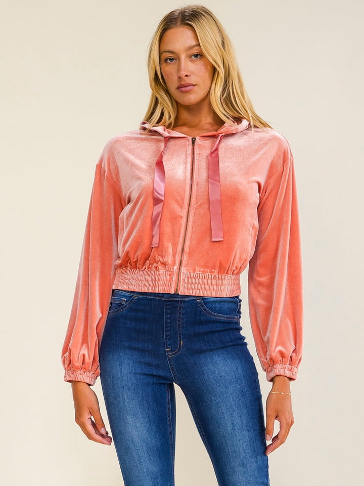 WOMEN'S LONG SLEEVE ZIP UP FRONT POCKETS HOODED SWEATER