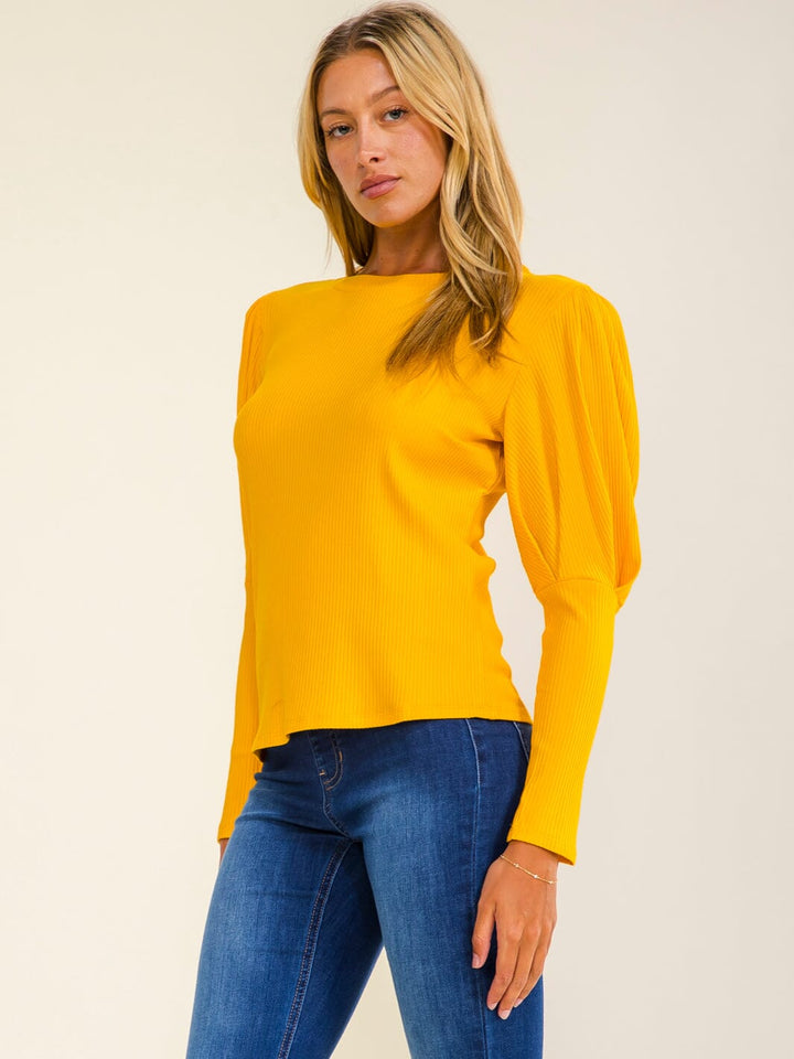 WOMEN'S LONG PUFF SLEEVE RIBBED BLOUSE