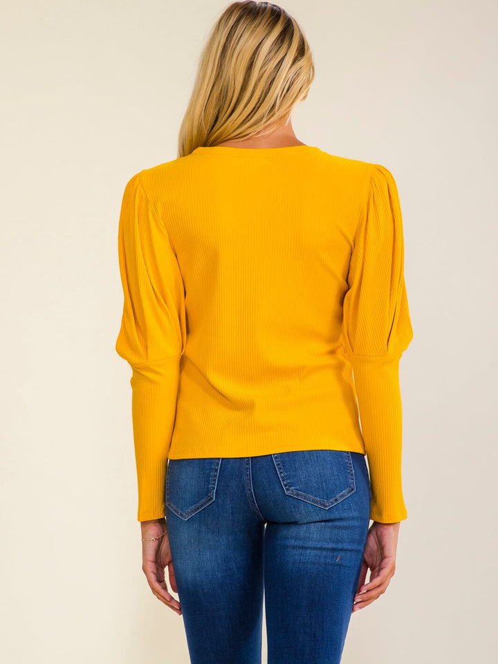 WOMEN'S LONG PUFF SLEEVE RIBBED BLOUSE