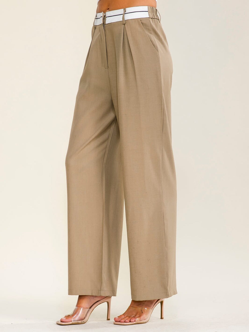 WOMEN'S ELASTIC WAIST BUTTON CLOSURE FRONT POCKETS STRAIGHT LEGS PANTS