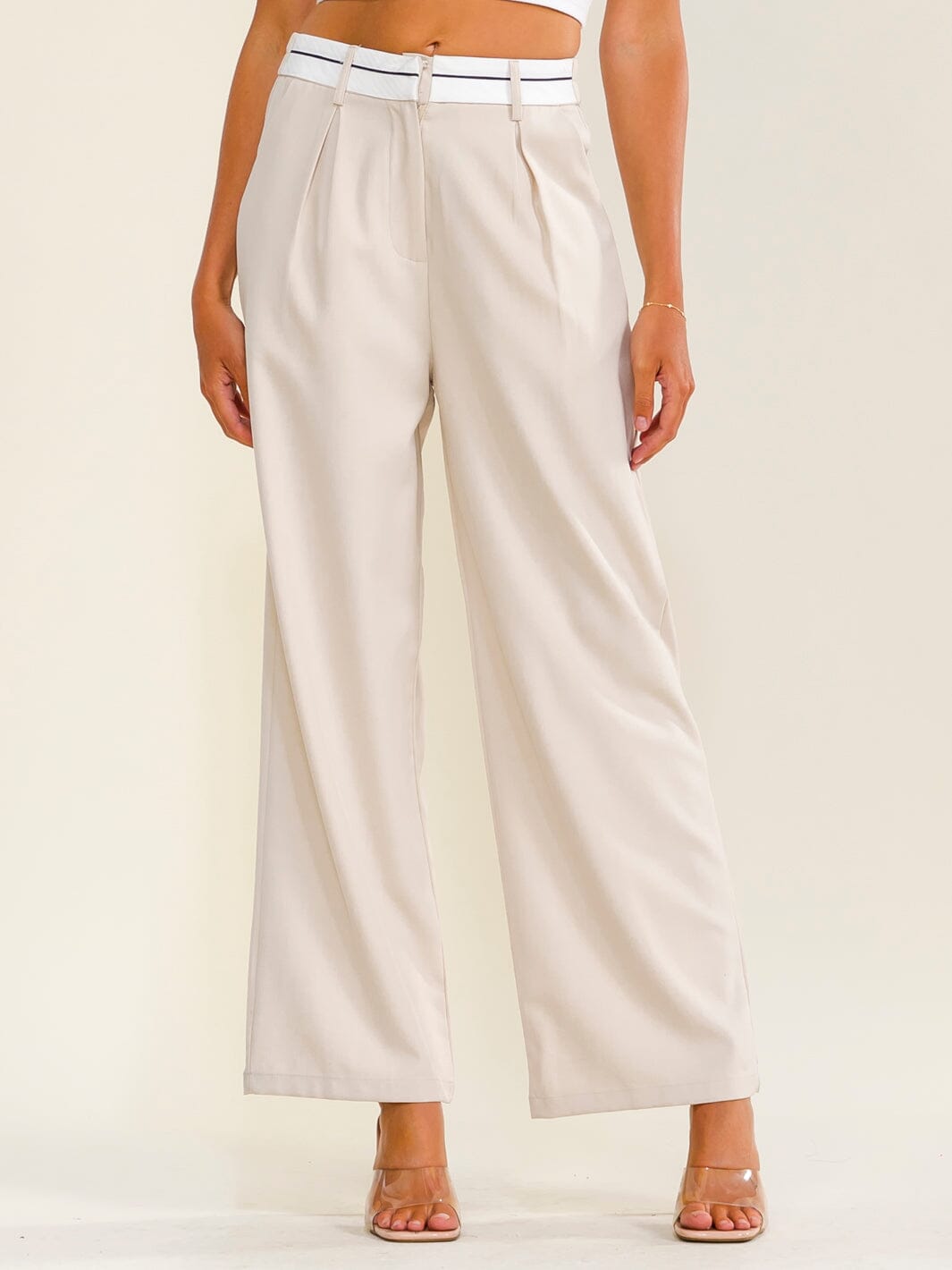 WOMEN'S ELASTIC WAIST BUTTON CLOSURE FRONT POCKETS STRAIGHT LEGS PANTS