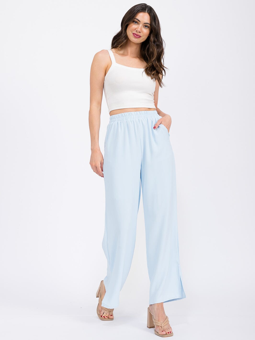 WOMEN'S ELASTIC WAIST FRONT POCKETS WIDE SLIT LEG PANTS