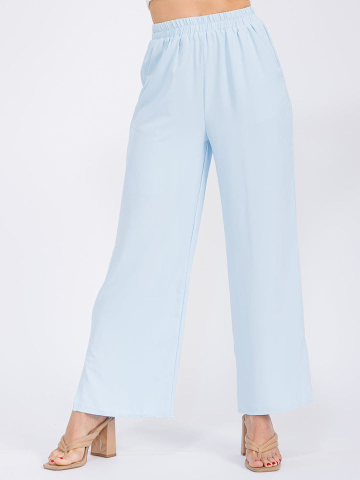 WOMEN'S ELASTIC WAIST FRONT POCKETS WIDE SLIT LEG PANTS