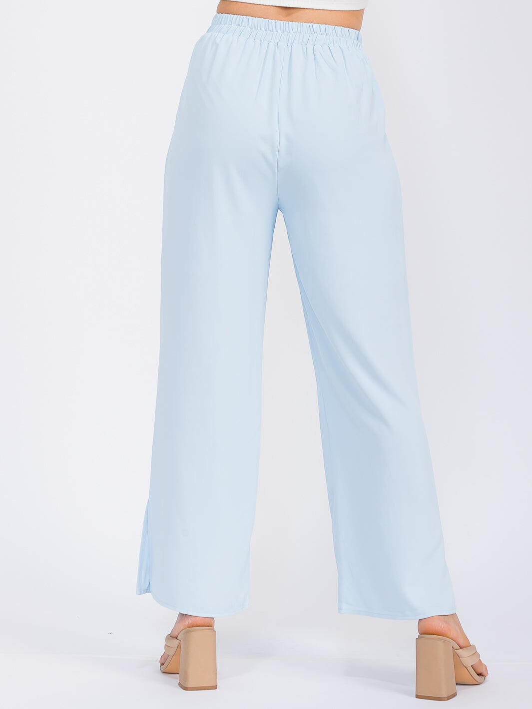 WOMEN'S ELASTIC WAIST FRONT POCKETS WIDE SLIT LEG PANTS