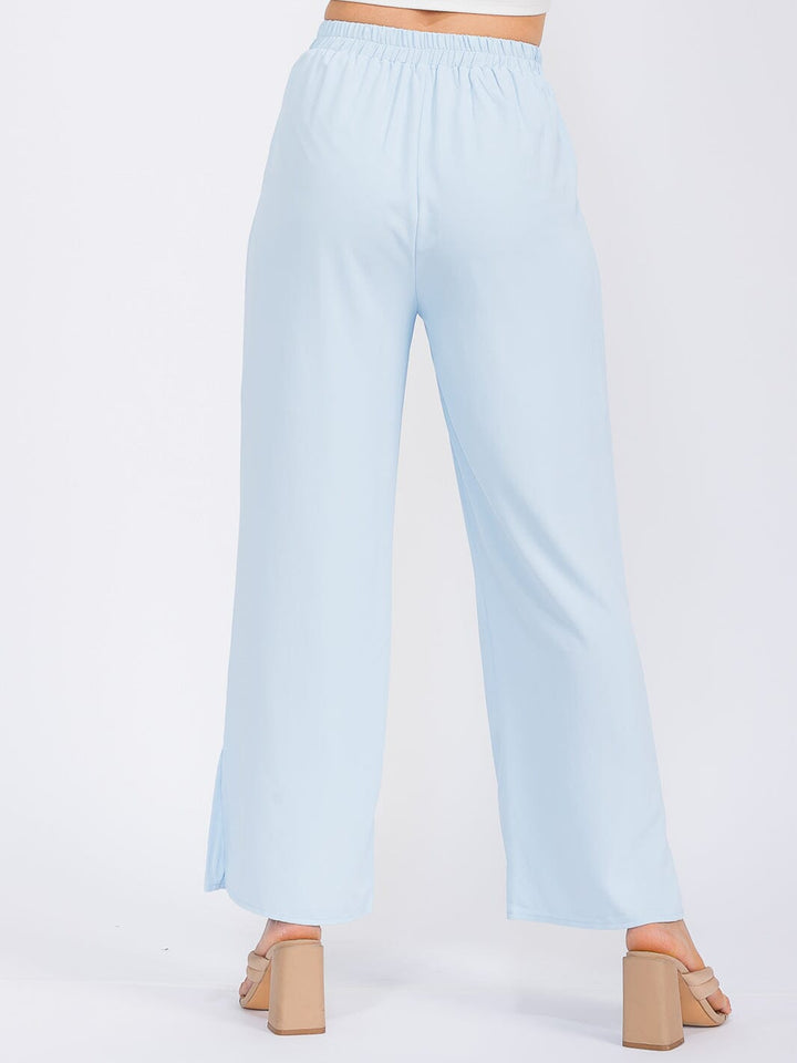 WOMEN'S ELASTIC WAIST FRONT POCKETS WIDE SLIT LEG PANTS