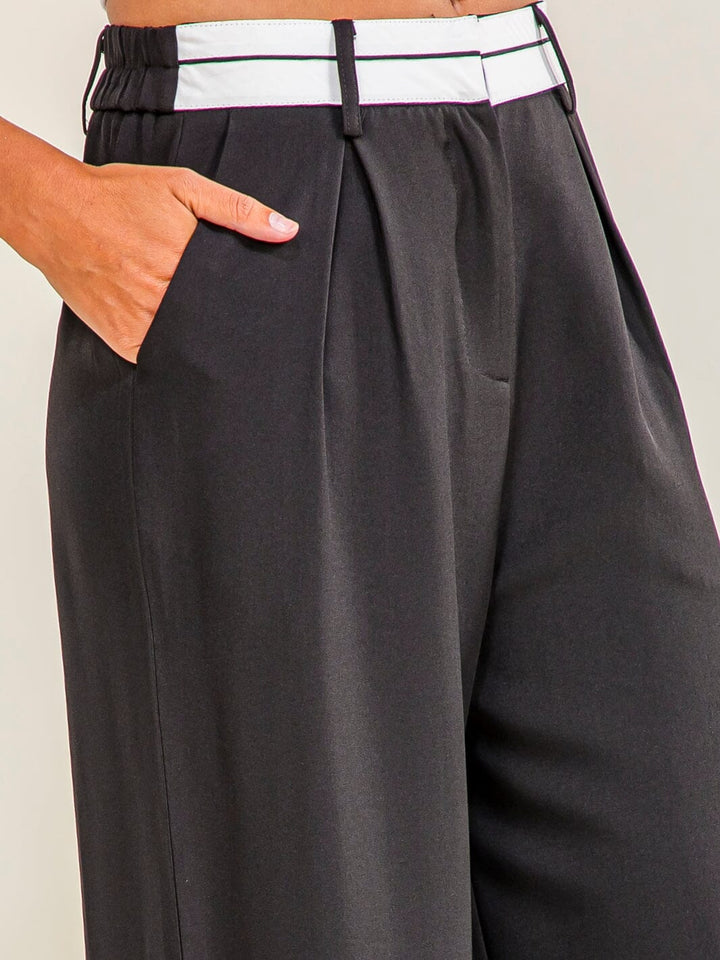 WOMEN'S ELASTIC WAIST BUTTON CLOSURE FRONT POCKETS STRAIGHT LEGS PANTS