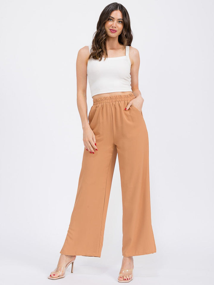 WOMEN'S ELASTIC WAIST FRONT POCKETS WIDE SLIT LEG PANTS